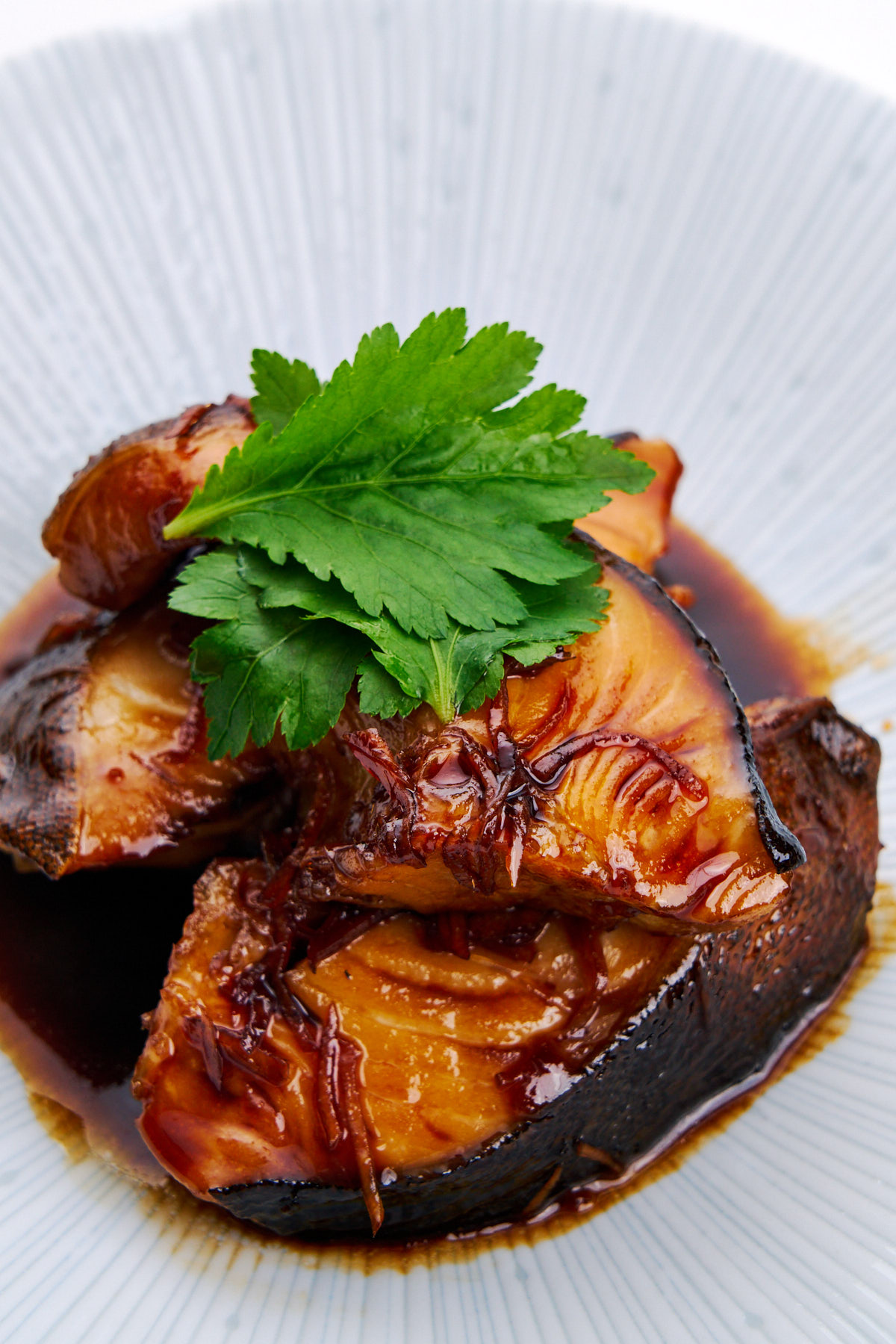 Soy Sauce Braised Black Cod (Gindara Nitsuke) on a plate