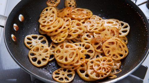 Kinpira Renkon (Lotus Root) in a pan