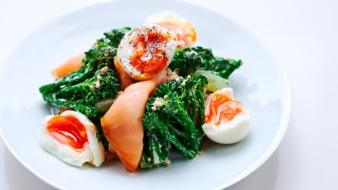 Broccolini with Smoked Salmon and Eggs ready to serve.