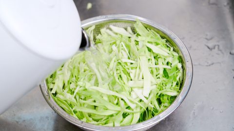 Blanching the cabbage for Gyoza Salad