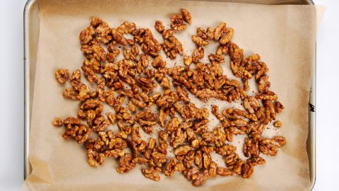 Soy Sauce Roasted Walnuts on a sheet pan.