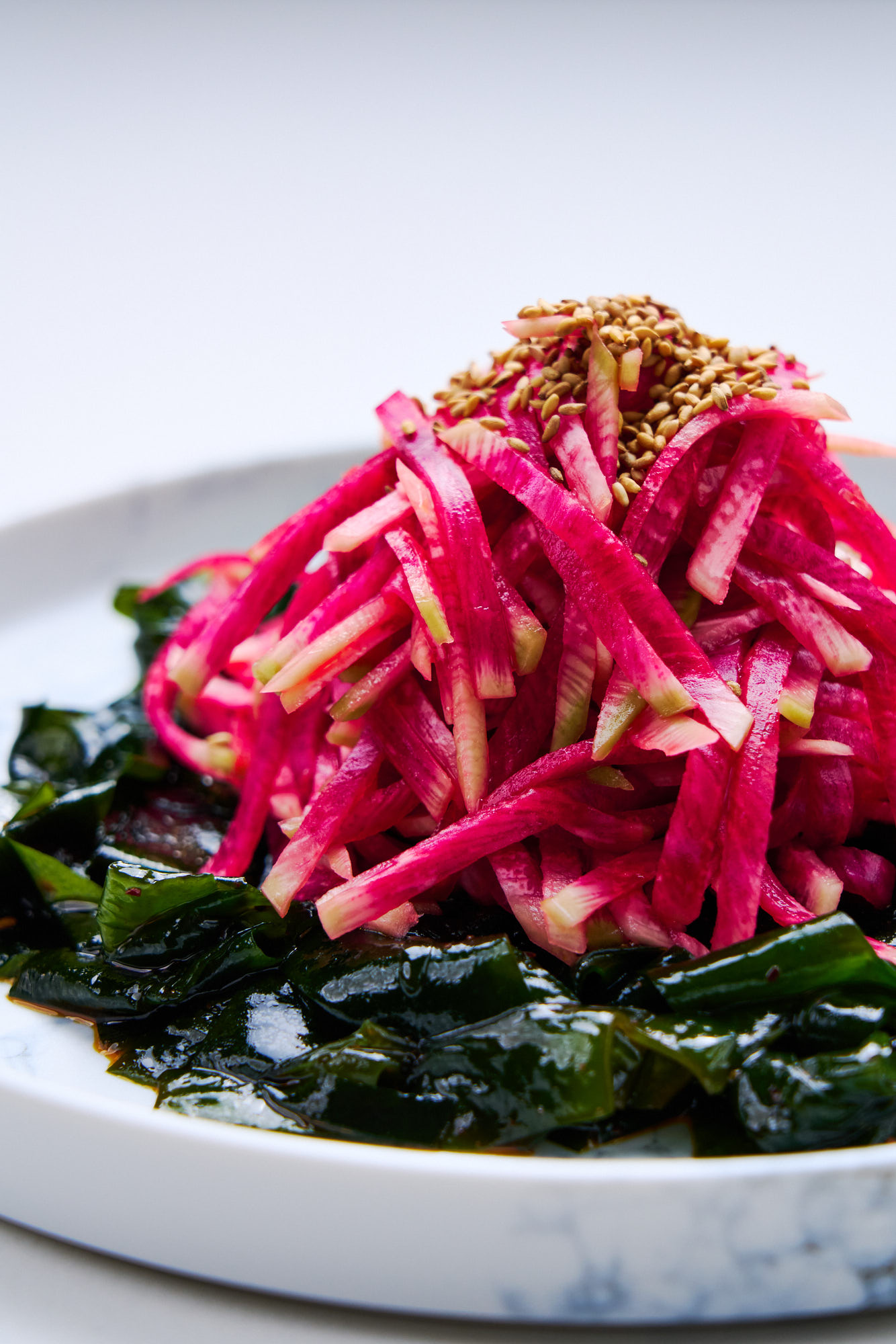 Watermelon Radish & Wakame Salad ready to serve.