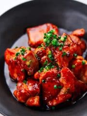 Juicy chunks of chicken thigh glazed in sweet and spicy gochujang sauce.