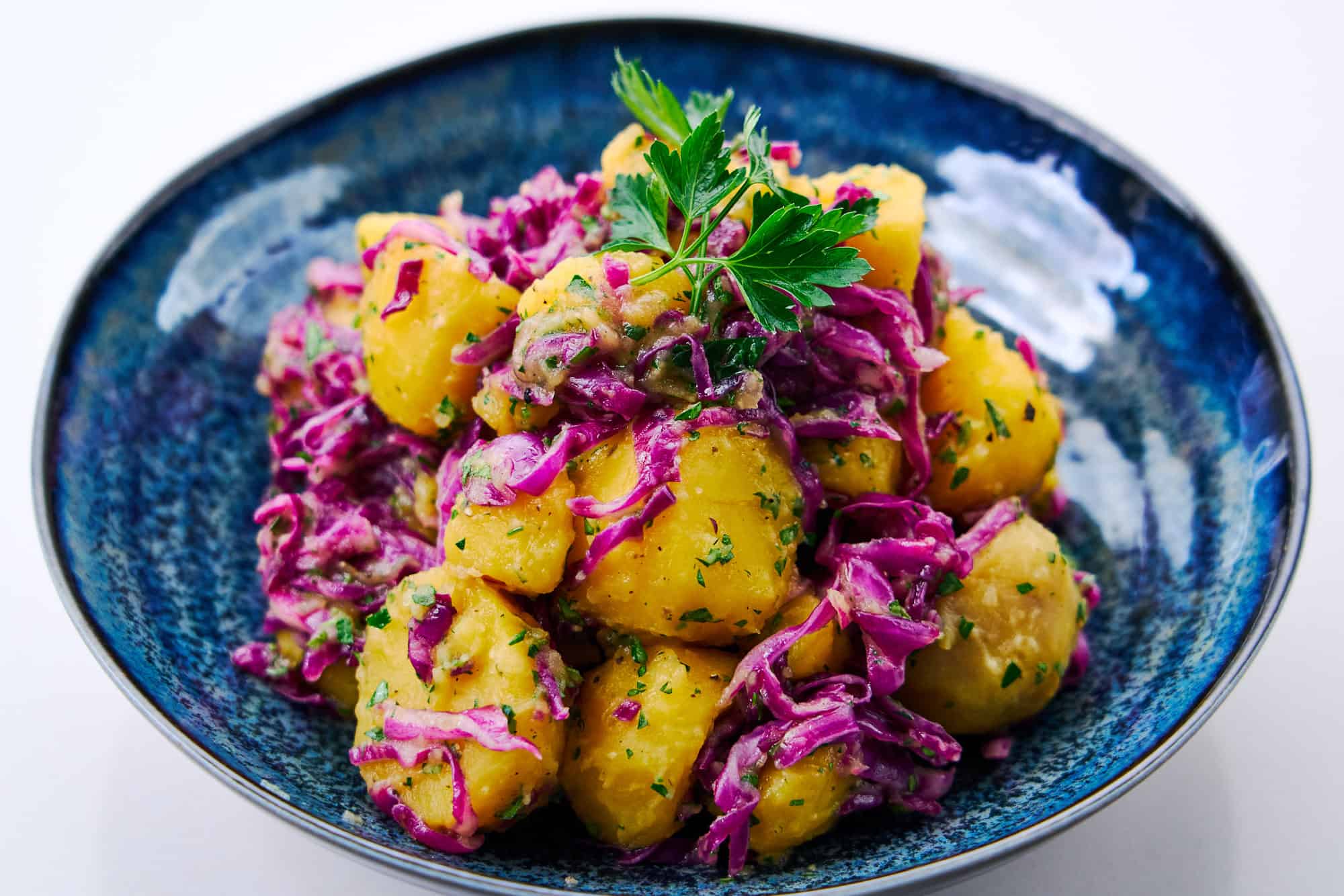 Refreshing potato salad with golden potatoes and quick pickled red cabbage.