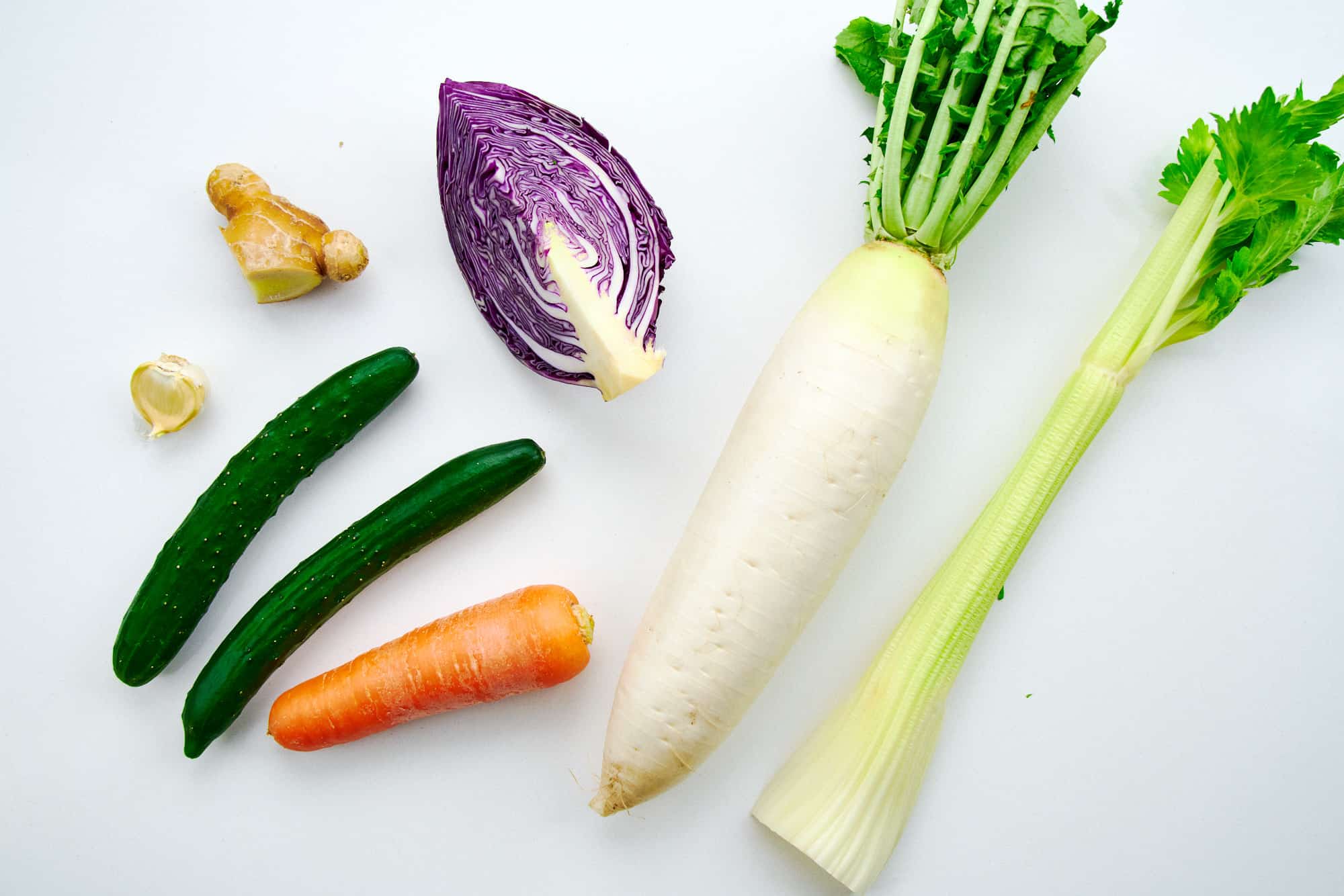 A rainbow of vegetables for making pickles.