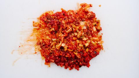 Minced kimchi for making kimchi salsa.