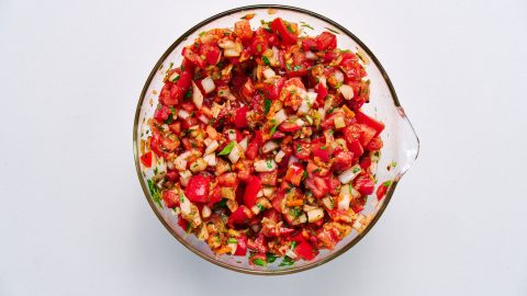 Kimchi salsa in a glass bowl.