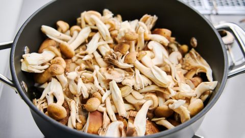 Mixed Japanese mushrooms in a saute pan.