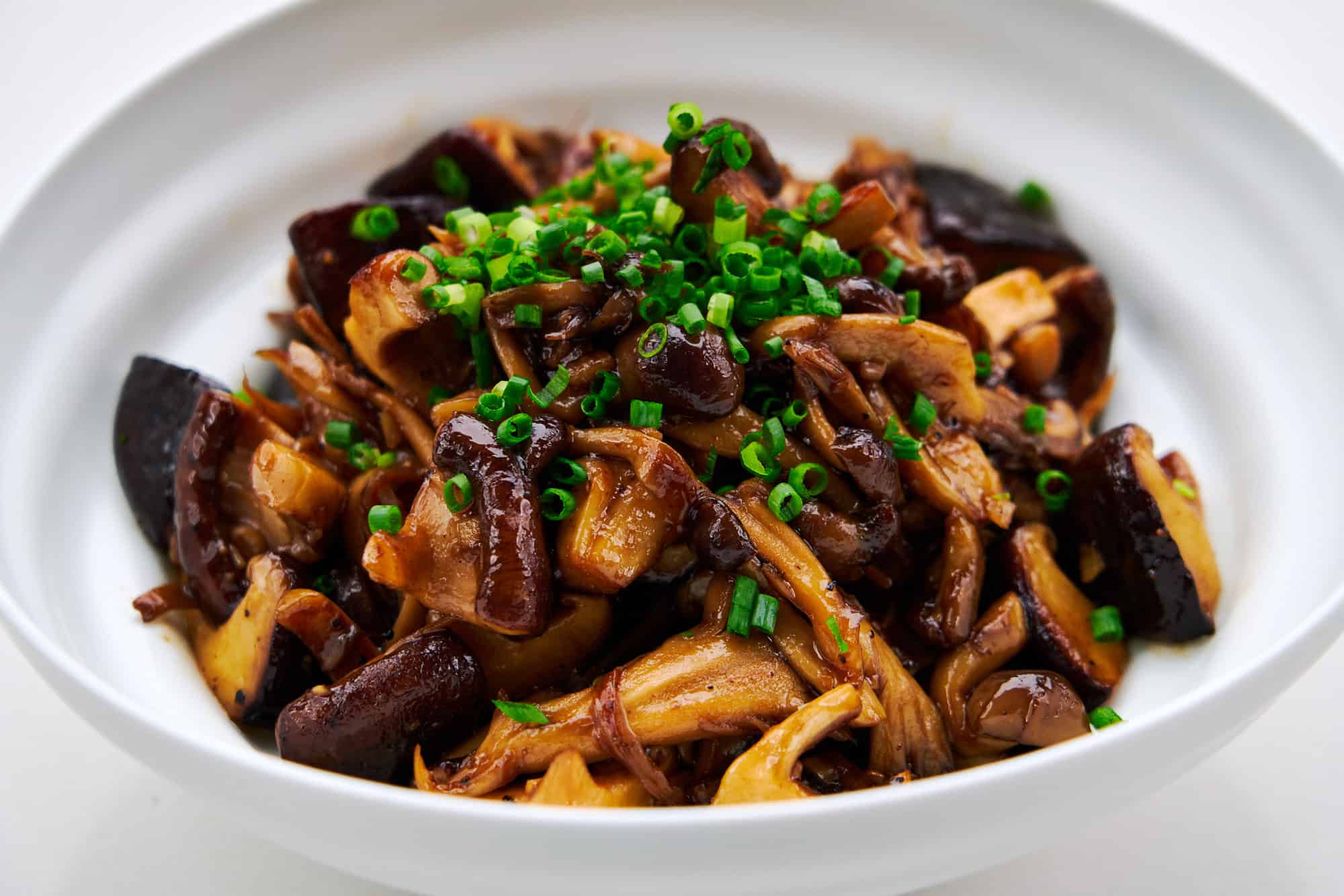 Mixed Japanese mushrooms glazed with soy sauce, honey, and balsamic vinegar.