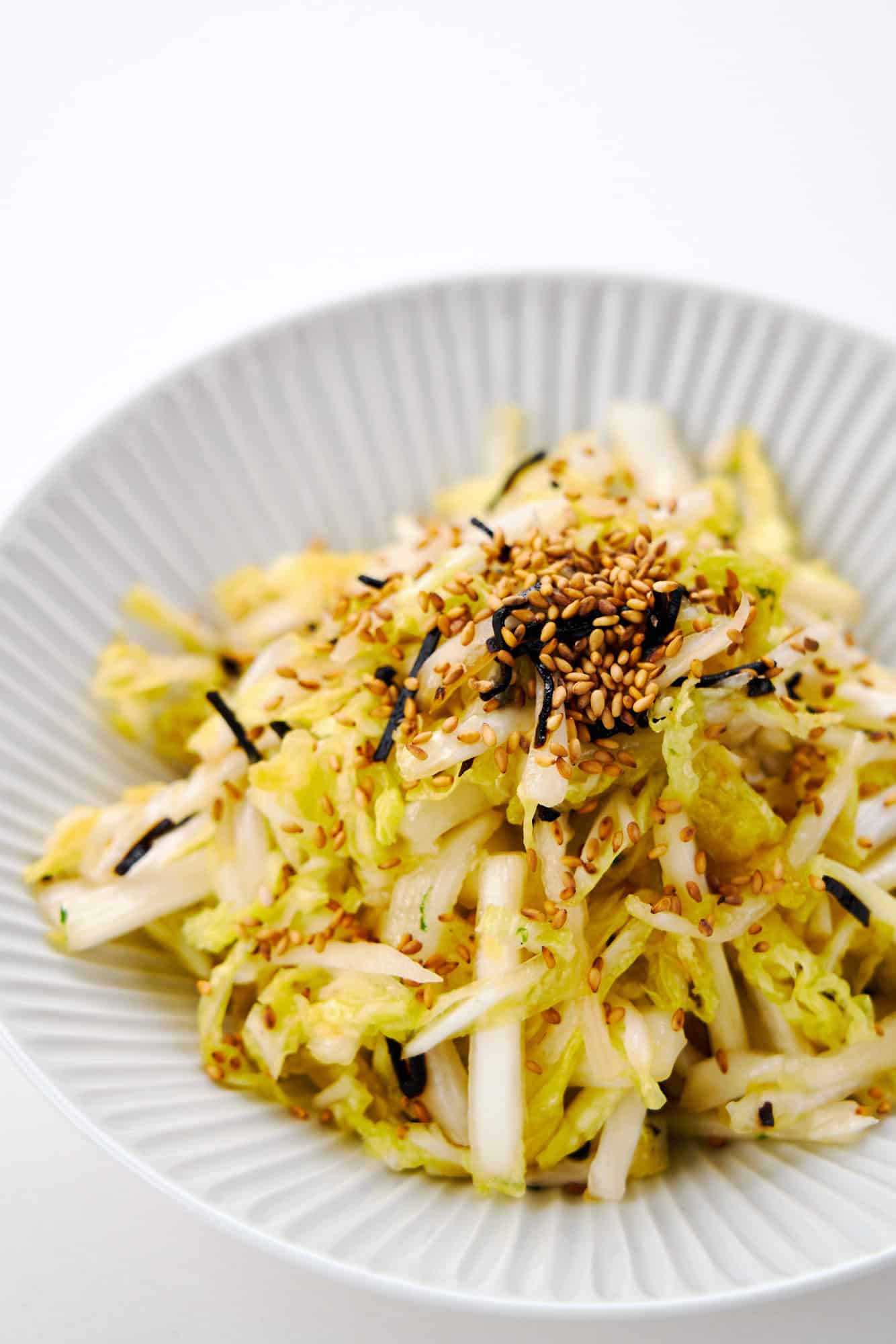This delicious autumn salad pairs sweet and tender napa cabbage with nutty toasted sesame oil and umami rich salted konbu.