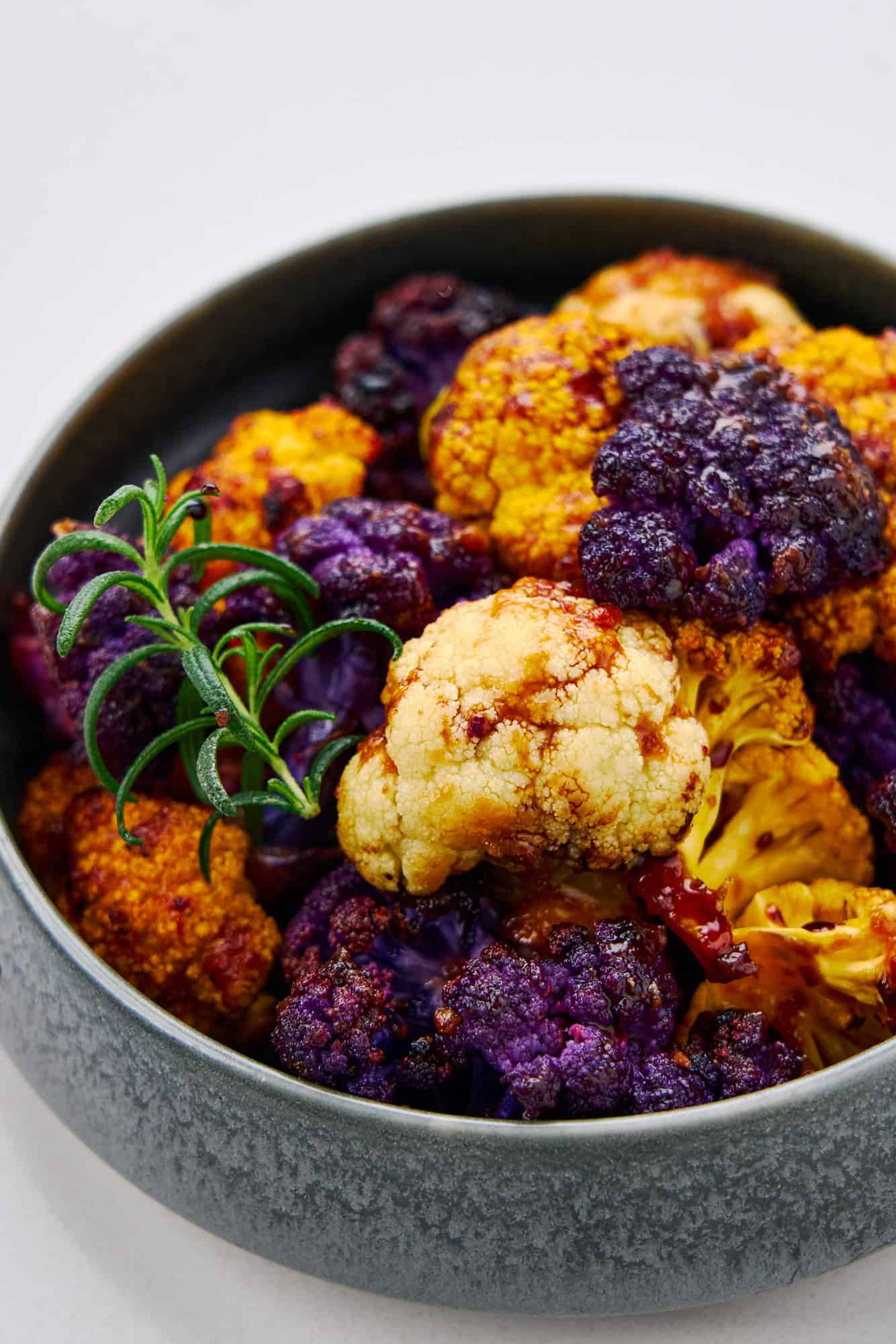 Easy to make three color cauliflower roasted in a balsamic and miso glaze.