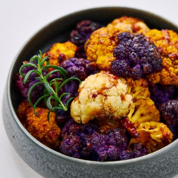 Three colors of cauliflower roasted in a balsamic vinegar and miso glaze.