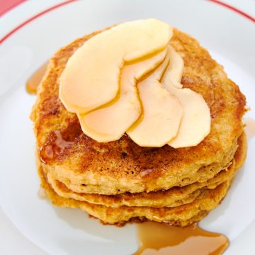 A stack of Apple Pie Pancakes on a plate