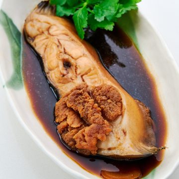 Nitsuke of flounder with ginger and soy.
