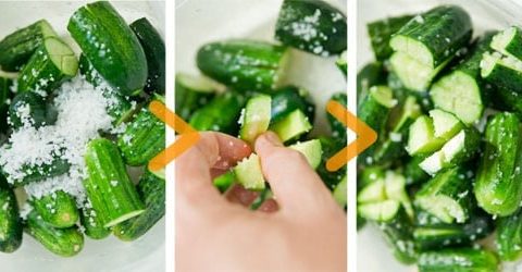 Cucumbers get rubbed with salt for kimchi.