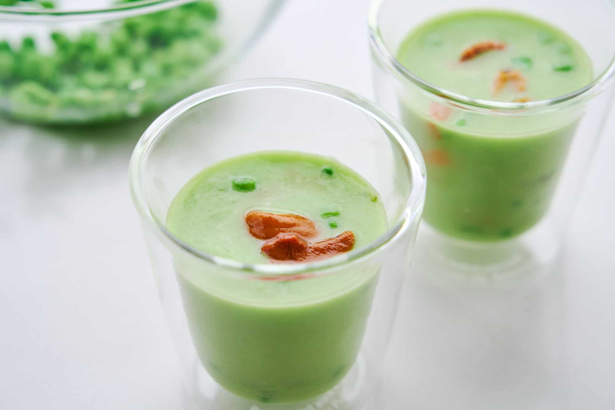Uni bejewels a cup of chilled pea soup.