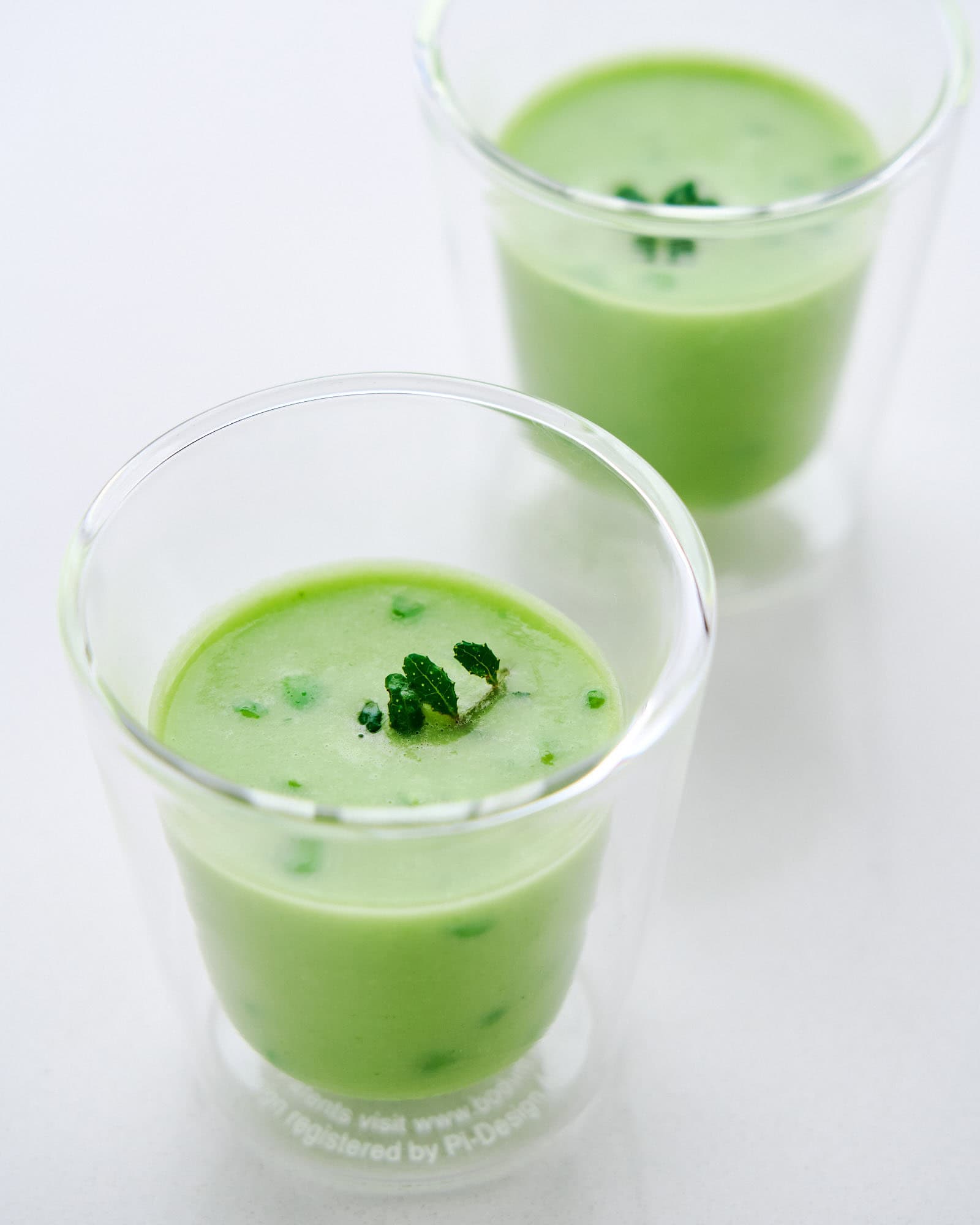 Cool green soup of fresh snap peas.