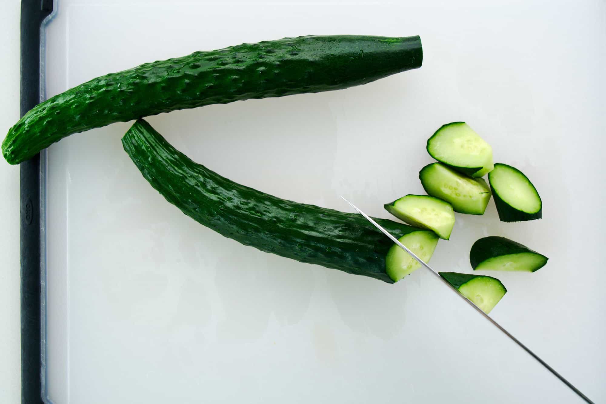 Oblique cut cucumbers.