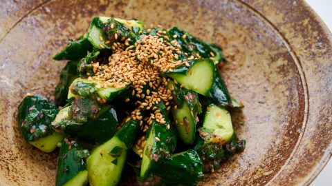 A bowl of cucumber umeboshi salad.