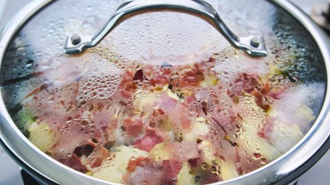 Steaming the veggies and ham.