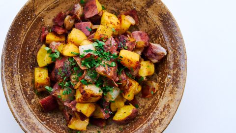 A dish of Japanese Sweet Potato Hash from above.