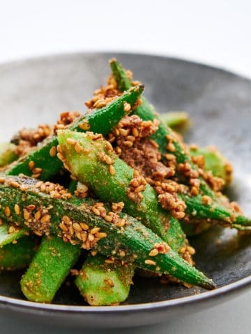 Delightful okra topped with toasty sesame seeds.