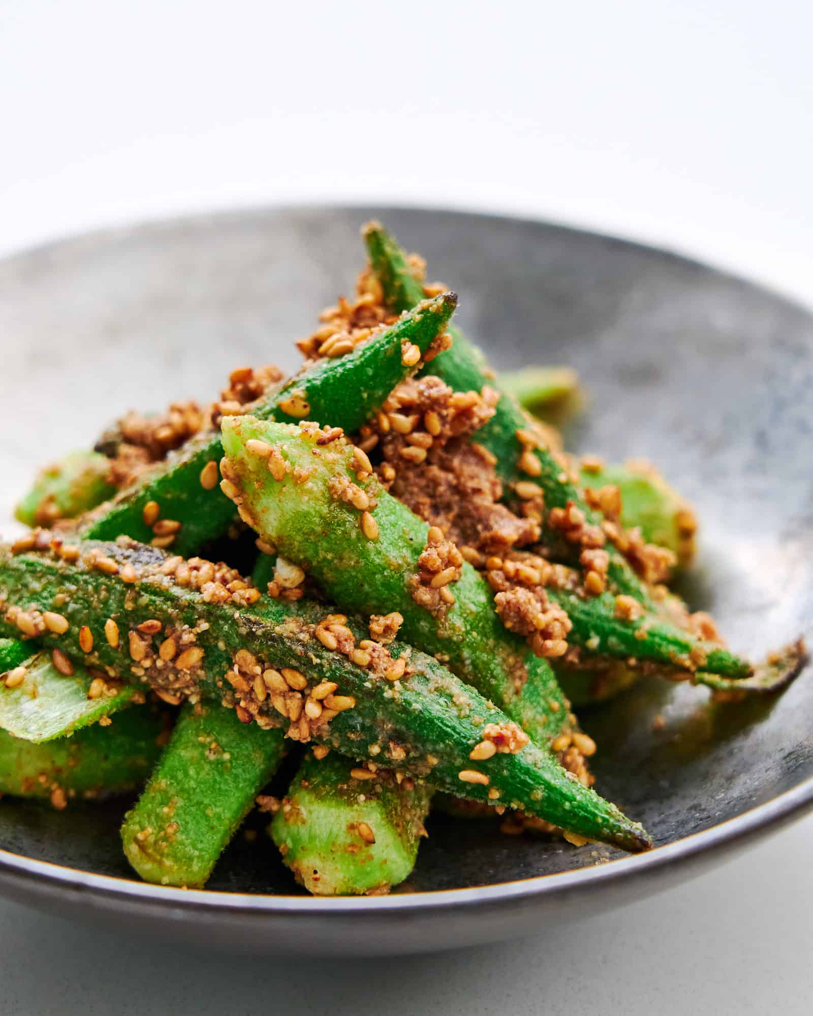 Pan roasted okra with sesame seeds.