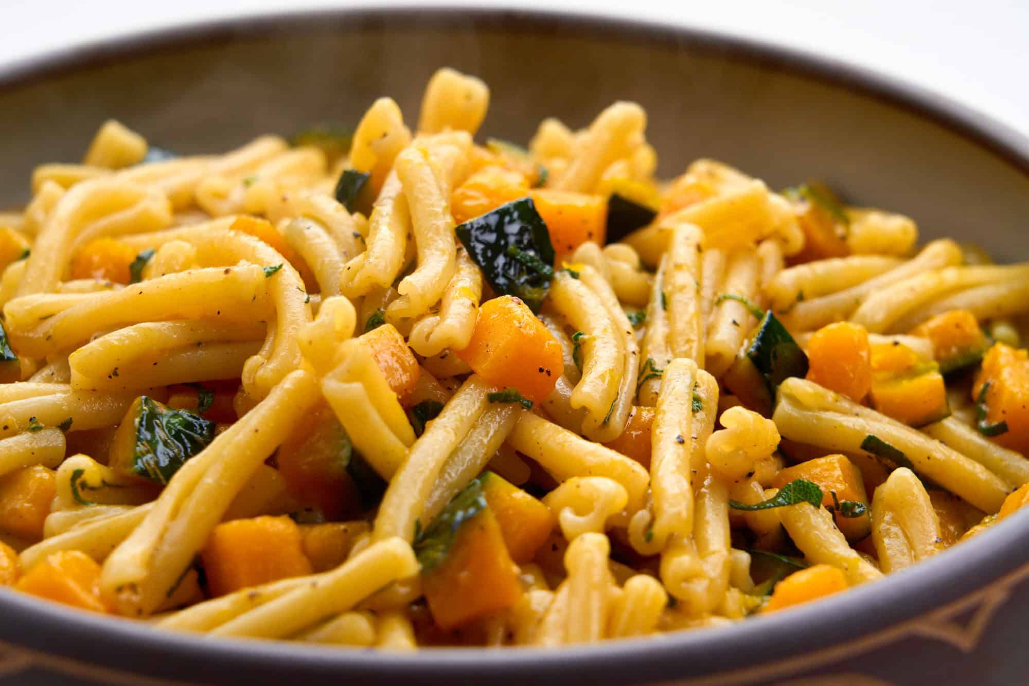 Twisty pasta joins kabocha squash in brown butter.