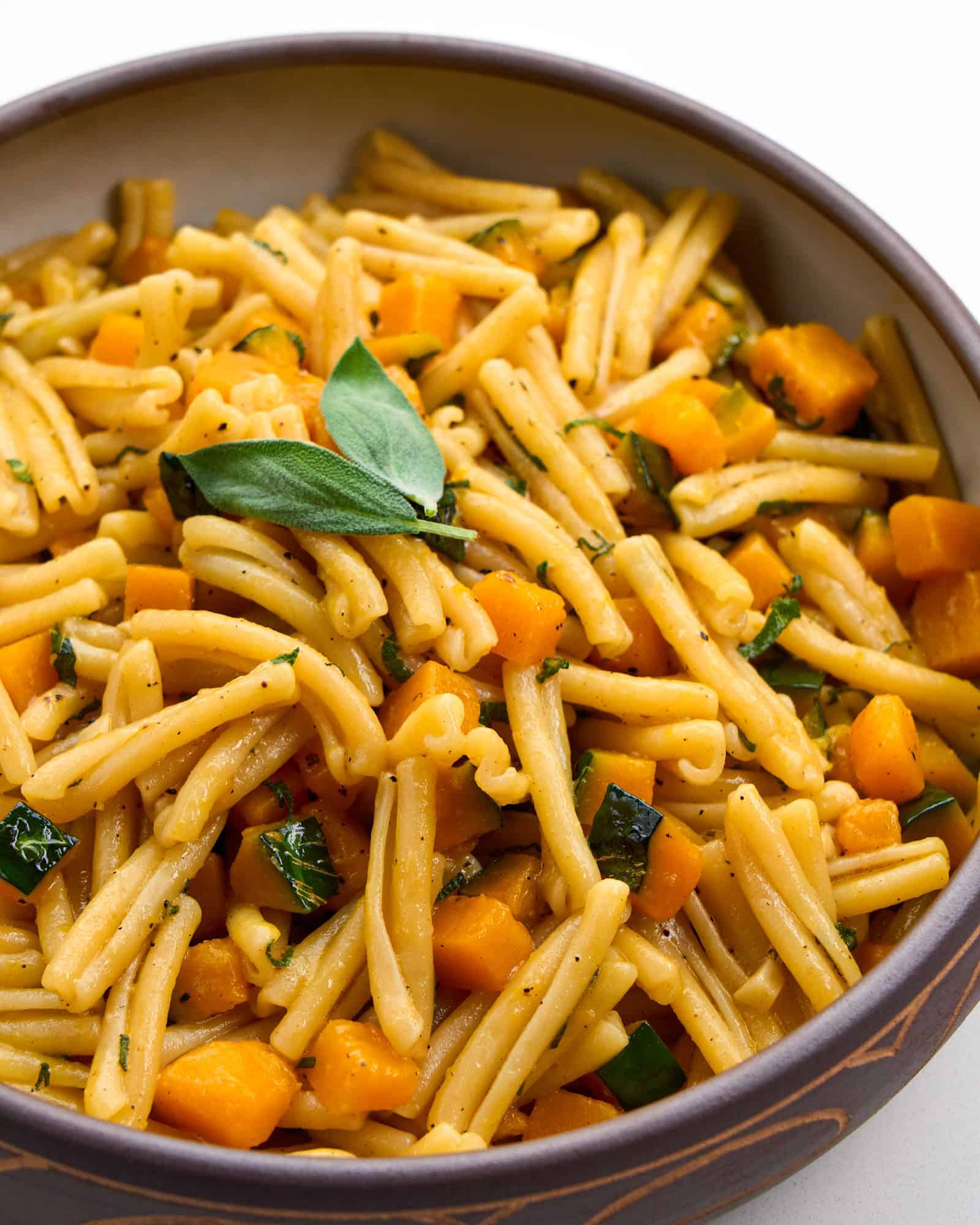 Close up of Kabocha Pasta with Brown Butter and Sage.