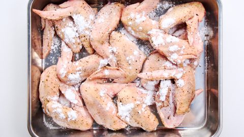 Potato starch-dusted chicken wings.