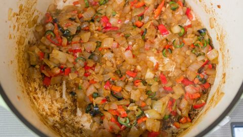 Aromatics browning in a pan.