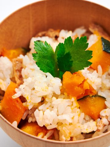 Kabocha pumpkins cooked with rice is an autumn favorite in Japan.