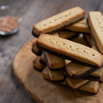 Buttery shortbread dipped in dark chocolate.