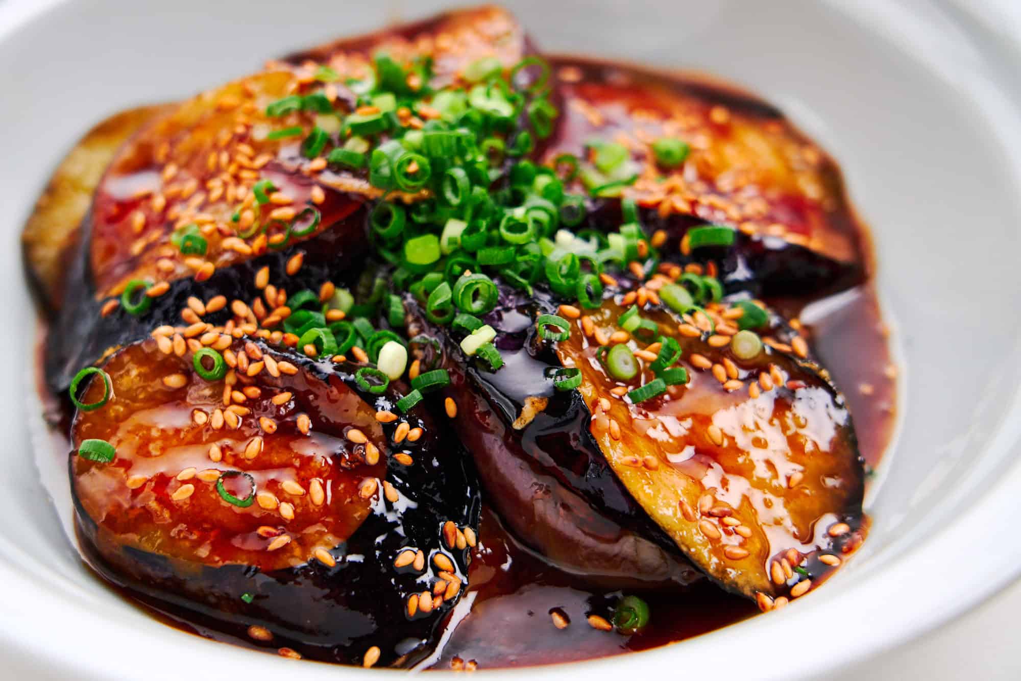 A detailed shot of Sweet and Sour Eggplant.