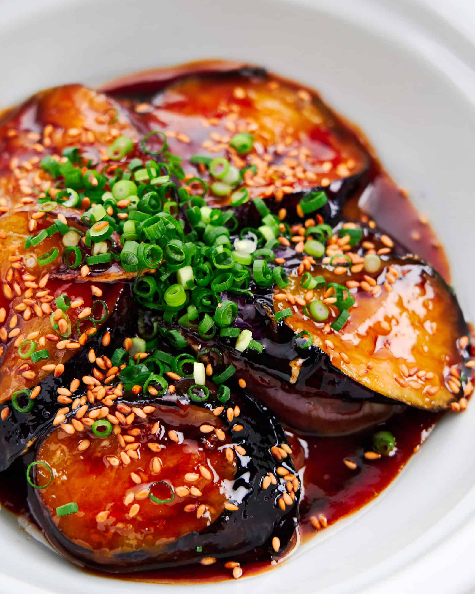 Japanese eggplant glazed with a tangy, sweet sauce.