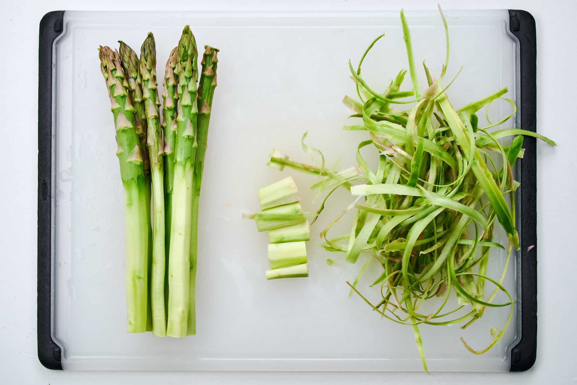 Trimmed and peeled asparagus spears.