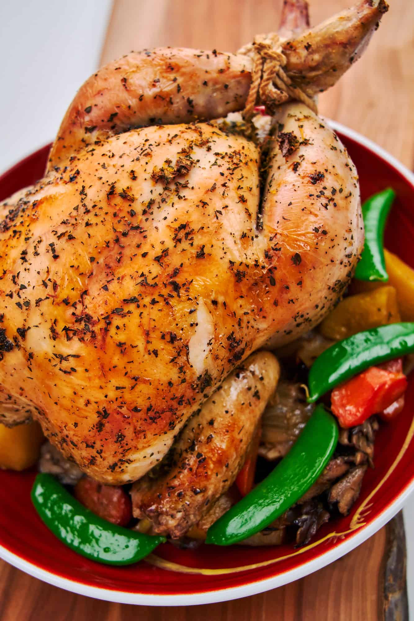 Closeup of roasted chicken.