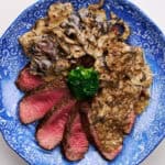 Tenderloin slices with mushroom wine cream sauce.