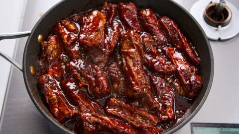 Spicy glazed rib fingers on a plate.