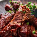 Sticky, shiny glazed beef rib fingers.