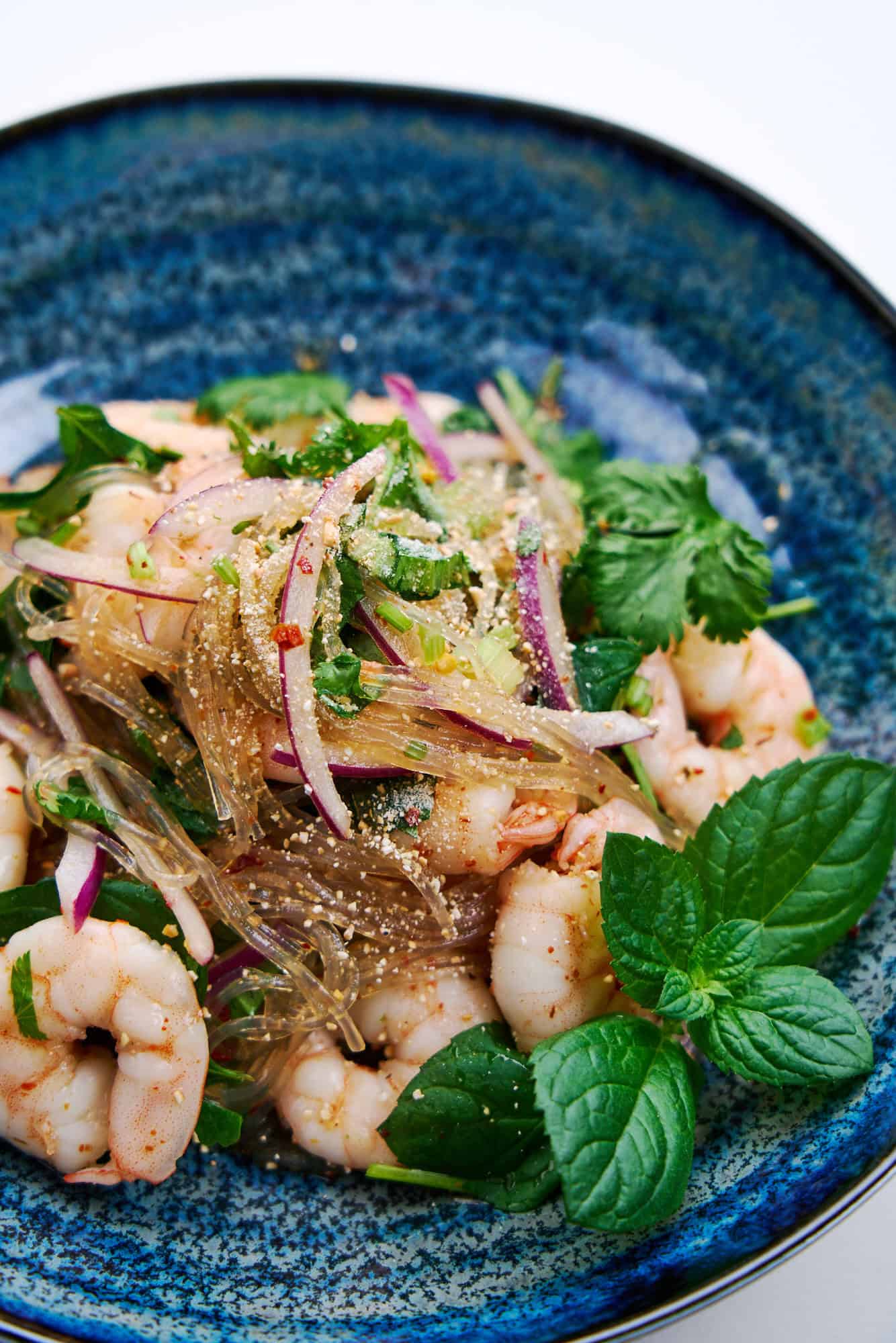 Closeup of Glass Noodle Salad with shrimp and herbs.