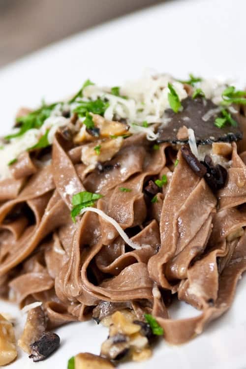 Chocolate pasta, truffles, and cheese.