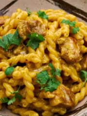 Spicy sauce enrobes tender chicken and al dente pasta.
