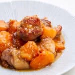 Chicken and persimmons cooked in a miso ginger glaze.