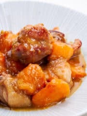 Chicken and persimmons cooked in a miso ginger glaze.