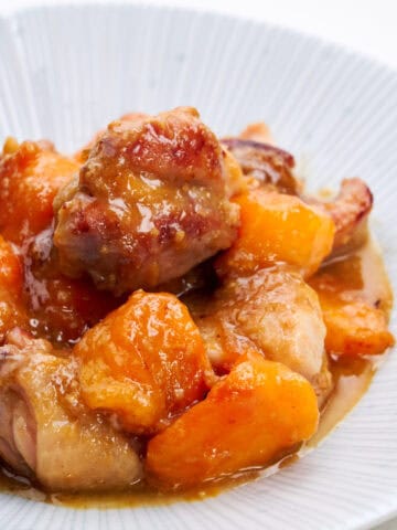 Chicken and persimmons cooked in a miso ginger glaze.