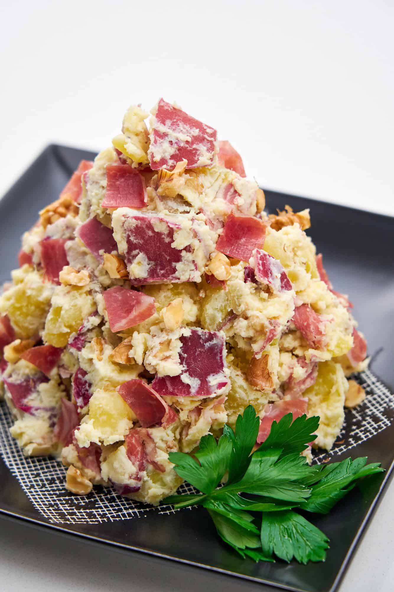 A towering mound of Japanese Sweet Potato Salad.