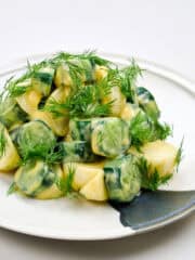 Closeup of Cucumber Dill Salad with Dijon Mustard, quick pickled cucumbers and turnips crowned with feathery dill on a white plate.