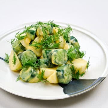 Closeup of Cucumber Dill Salad with Dijon Mustard, quick pickled cucumbers and turnips crowned with feathery dill on a white plate.