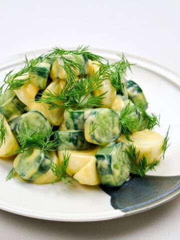 Closeup of Cucumber Dill Salad with Dijon Mustard, quick pickled cucumbers and turnips crowned with feathery dill on a white plate.